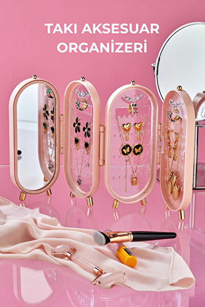 espashome Takı Aksesuar Standı – Yüzük, Kolye, Küpe Katlanabilir Seyahat Organizeri - Pembe