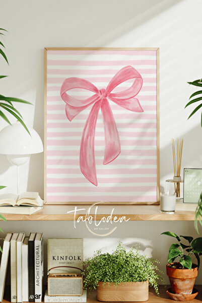 tablodea Minimalist Pembe Çizgili Kurdele Desenli Çerçeveli Poster Tablo TD F...