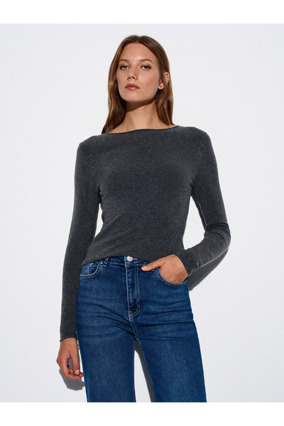 Dilvin 10840 Boat Neck Cashmere Blend Sweater-Smoked M.