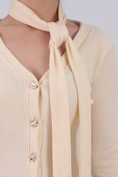 armonika Women's Ecru V-Neck Front Buttoned Shawl Detailed Soft Textured Cardigan Arm-26K001032