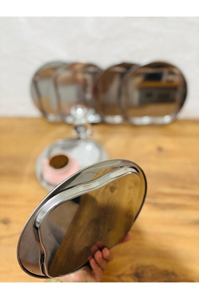 BİMOTE 6'lı Paslanmaz Çelik Gümüş Yuvarlak Kare Çay, Kahve, Pasta Servis Tepsisi Dekoratif Sunum Tepsi