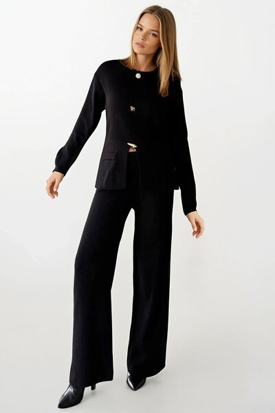 VAGGON Women's Black Button Detailed Long Sleeve Fit Blouse and High Waist Pants Knitwear Set Vs01400