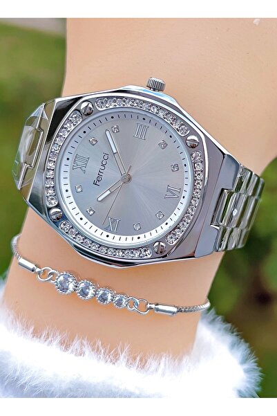 Ferrucci Silver Color Dial Zircon Stone Steel Band Women's Wristwatch with Bracelet Gift