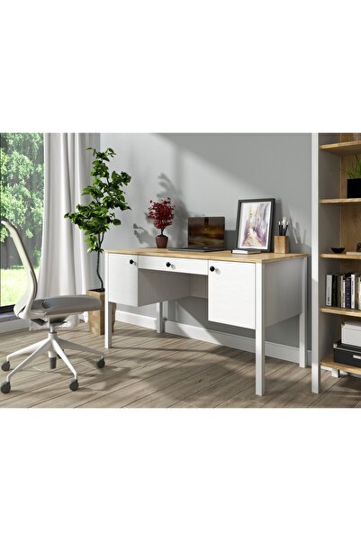 Sakura Ahşap Hunerika Kanio 2 Kapak tek Çekmeceli Çalışma Masası -Wood Beyaz-Minifiks Bağlantılı