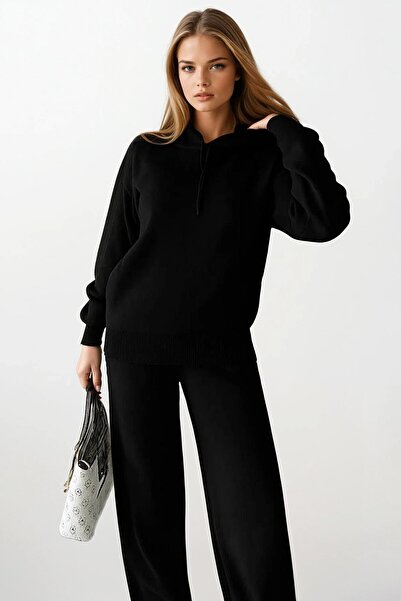 VAGGON Women's Black Hooded Sweatshirt and Palazzo Pants Knitwear Set Vs01401