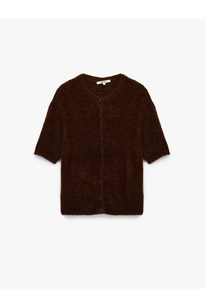 Koton Short Sleeve Crew Neck Plush Knit Cardigan