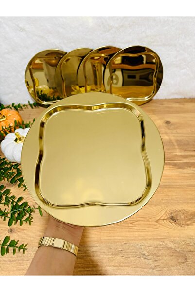 BİMOTE 6-Piece Gold Stainless Steel 23.cm Round Square Tea, Coffee, Cake Serving Tray Decorative Presentation Tray
