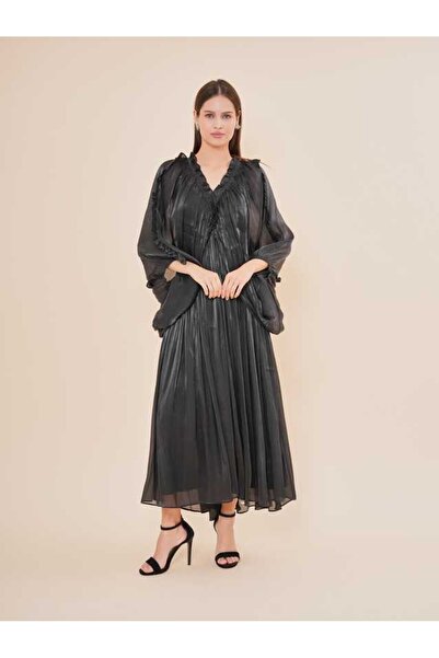 SERPİL Saten Görünümlü Dökümlü Uzun Kol Midi Elbise 50418