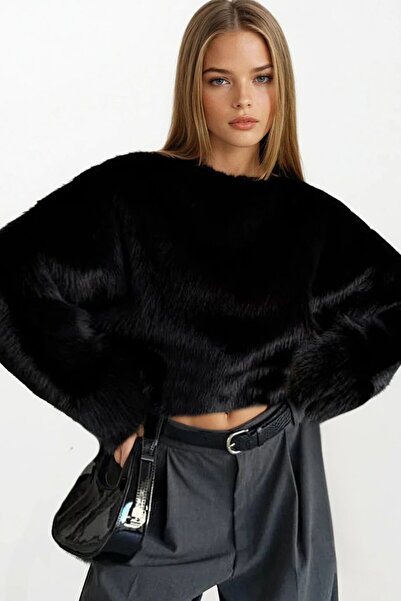 VAGGON Kadın Siyah Yumuşak Dokulu Uzun Kollu Oversize Kürk Sweatshirt VS01405