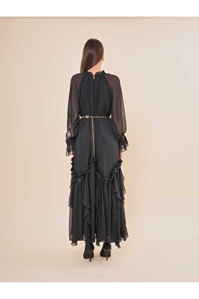 SERPİL Volan ve Çiçek Detaylı Şifon Uzun Elbise 50411