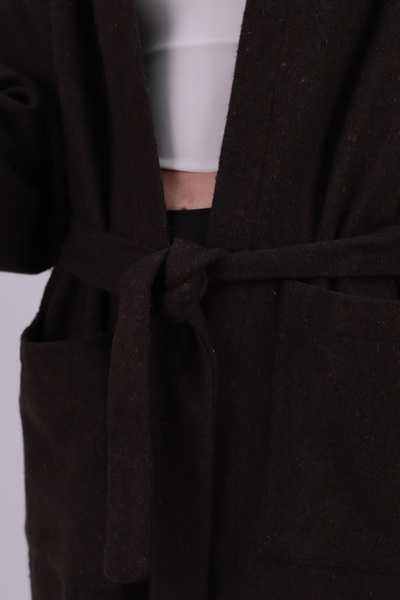 armonika Women's Brown Belted Coat with Pockets Hooded Oversized Cashmere Coat Arm-26K001025