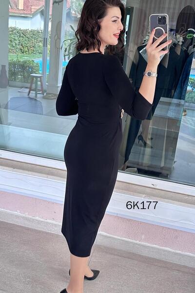 İnce Topuk Double-Breasted Collar Buckle Viscose Dress 6K177