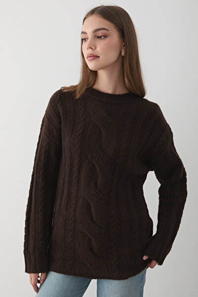 JASTE Kadın Kahverengi Örgü Desenli Triko kazak