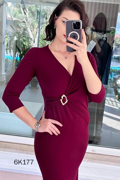 İnce Topuk Double-Breasted Collar Buckle Viscose Dress 6K177