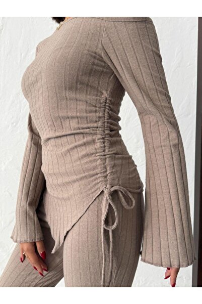 Jeevee Asymmetric Collar Adjustable Ruched Detail Corded Fabric Set