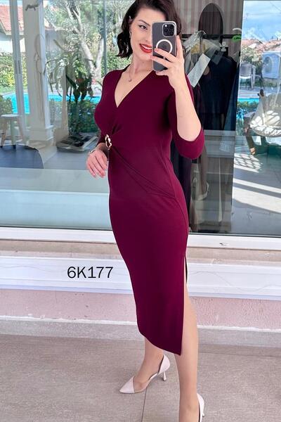 İnce Topuk Double-Breasted Collar Buckle Viscose Dress 6K177