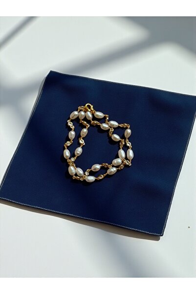 Taş-Mir Gold Zincir Detaylı Sertifikalı Oriijnal Arpa İnci Kolye 45 Cm