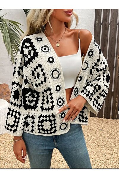 TRENDLİA Black and White Motif Detailed Knitted Cardigan