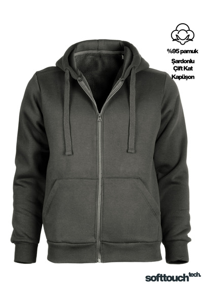 blck & premium 3 Yarns Ş Fleece-Lined Softtouch Tech. Double Layer Hooded Sweath Jacket