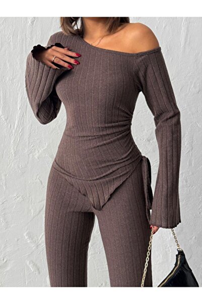 Jeevee Asymmetric Collar Adjustable Ruched Detail Corded Fabric Set