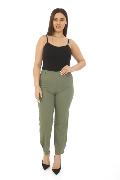 EXİTLİNE Women's Summer Spring Khaki Trousers with Front Decorative Pockets, Leg Accessories, Logo Detail, Elastic Waist