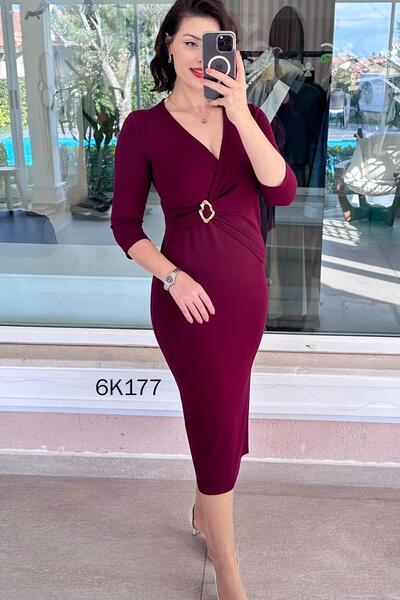İnce Topuk Double-Breasted Collar Buckle Viscose Dress 6K177