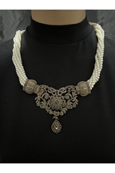 ZEYTUN AKSESUAR Özel Tasarım 6 Sıra Cam İncili Bronz Kristal Taşlı Kolye – Iş...