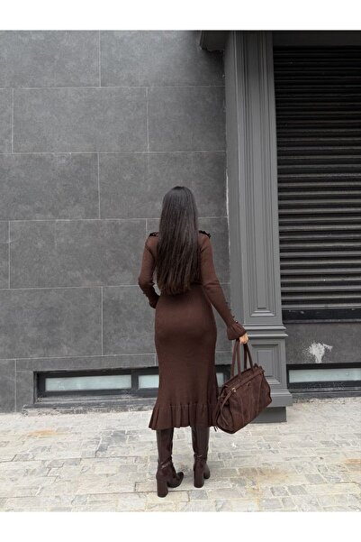LE CARAMBOLE Γυναικείο Καφέ Πλεκτό Φόρεμα με Λεπτομέρεια Κολάρο και Βολάν