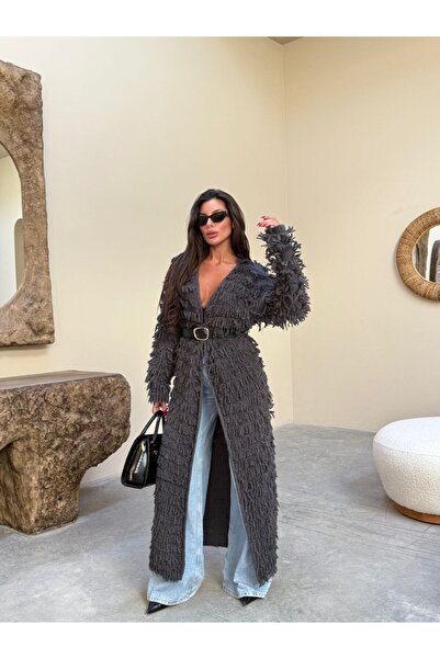 LE CARAMBOLE Women's Anthracite Tassel Detailed Long Cardigan