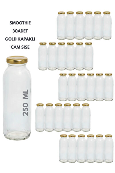 Milea 30 Adet Smoothie Şeffaf Meyve Suyu, Meşrubat,Limonata Şişesi Gold Kapaklı Boş Cam Şişe 250 ml