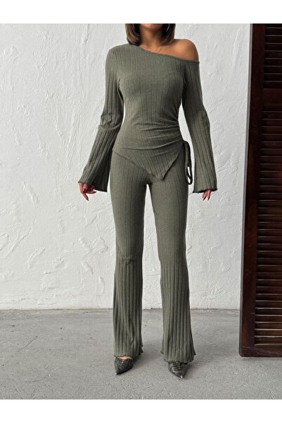 Jeevee Asymmetric Collar Adjustable Ruched Detail Corded Fabric Set