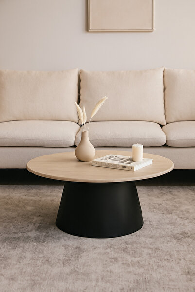 MARIA HOMES Modern Round Coffee Table with Wooden Top and Black Base Stylish Center Table 90×45cm