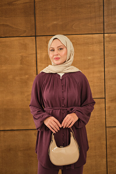 LOCCO Kadın Düğme Detaylı Bel Bağlamalı Takım Mürdüm