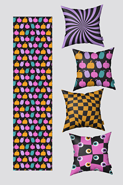 EsnafAli Set de 4 huse de pernă și 1 runner cu tematică Halloween, violet și ...