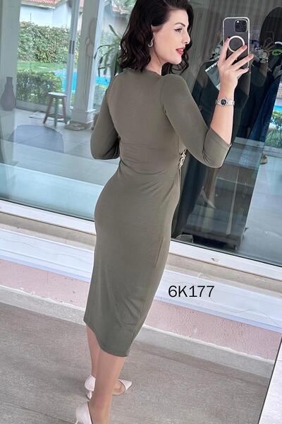 İnce Topuk Double-Breasted Collar Buckle Viscose Dress 6K177