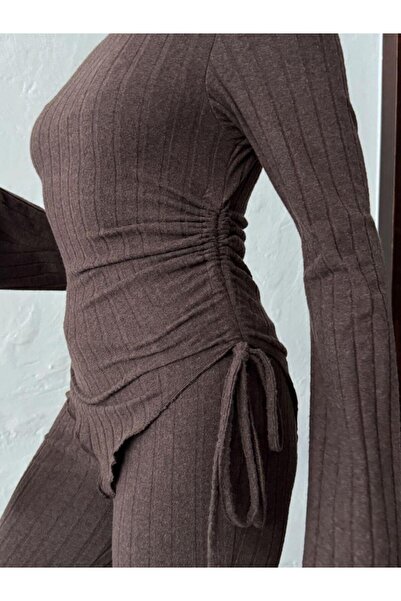 Jeevee Asymmetric Collar Adjustable Ruched Detail Corded Fabric Set