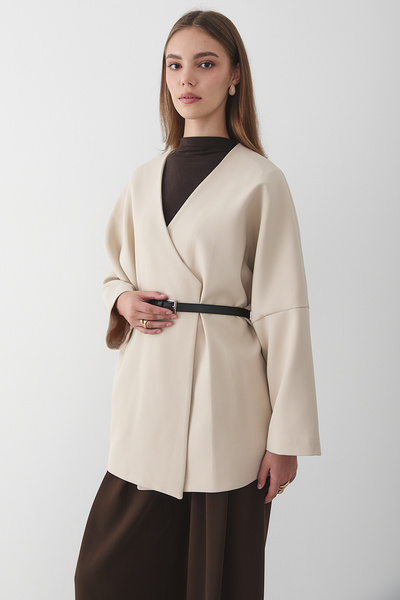 JASTE Women's Beige Double-Breasted Collar Belt Detailed Kimona