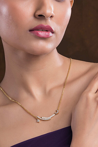 The Collection Polar Star Crescent Detailed Non-Tarnish Gold Pearl Stone Steel Necklace