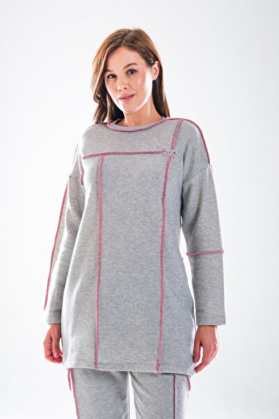 Plistre 2278_Women's Hijab Homewear Tracksuit Set – Stitching Detail, Carrot Fit Bottom, 85 cm Tunic Length