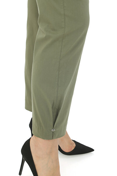 EXİTLİNE Women's Summer Spring Khaki Trousers with Front Decorative Pockets, Leg Accessories, Logo Detail, Elastic Waist