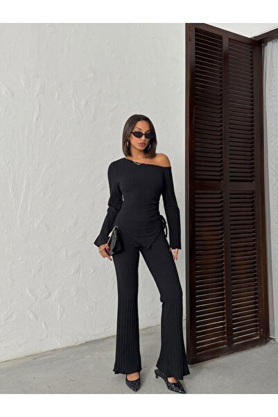 Jeevee Asymmetric Collar Adjustable Ruched Detail Corded Fabric Set