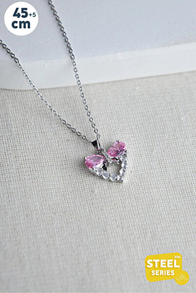 The Collection Pink Bow Zircon Stone Heart Steel Necklace Non Tarnish Silver Zircon Stone Steel Necklace