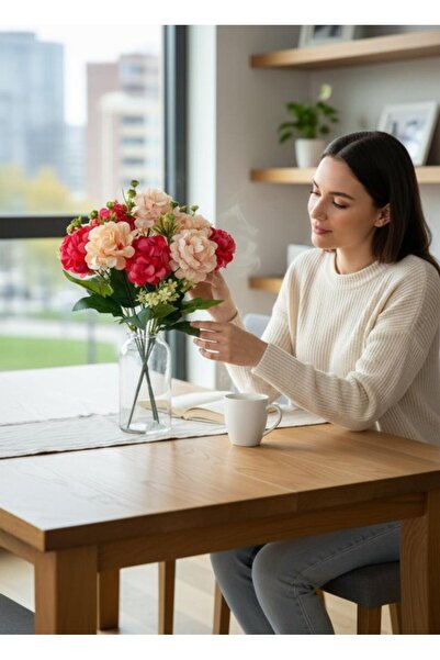 Nettenevime Yapay Çiçek Kartopu Krizantem Fuşya Pembe 5Dallı 10toplu Demet 30cm