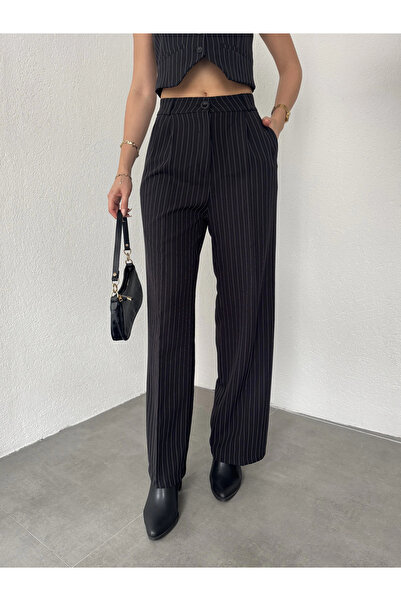 asfamoda بنطلون نسائي أسود مخطط مطوي بخصر كامل واسع الساقين بنطلون واسع الأرجل