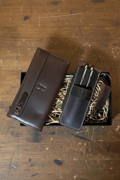 Modica Hakiki Deri 3'lü Cüzdan Seti Hediyelik Uzun Cüzdan, Kalemlik, Anahtarl...