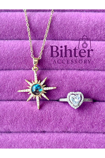 Bİ BONCUK طقم قلادة وخاتم من حجر الأوبال الفولاذي على شكل نجمة القطب، ذهبي لا يصدأ، هدية خاصة للمناسبات في علبة