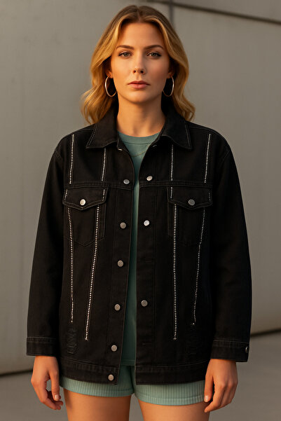 ESB Design Kadın Siyah Cepli Mevsimlik Taşlı Çıtçıtlı Uzun Denim Ceket A36-087