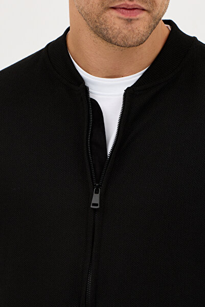 Frappoli Mirlos Men's Black Honeycomb Knitted Slim Fit Mock Neck Long Zippered Sweatshirt