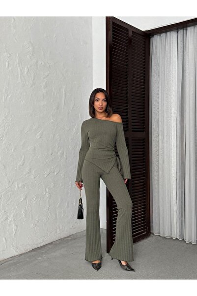 Jeevee Asymmetric Collar Adjustable Ruched Detail Corded Fabric Set