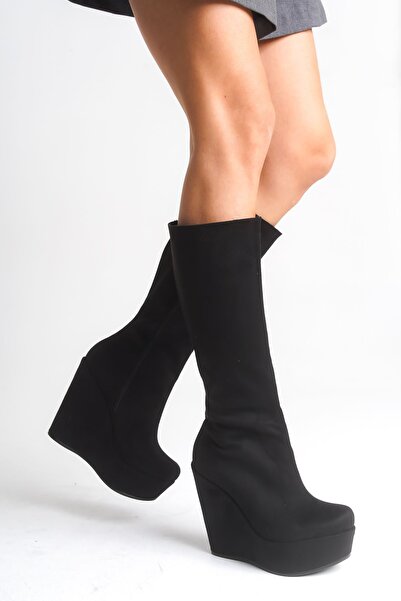 owwox club Bounty; Black Suede, 12 cm Wedge Heeled Women's Boots